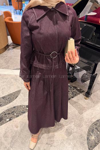 Lamelif Fermuar Detaylı Etekli Takım Mor