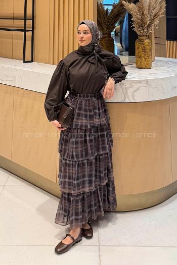 Lamelif Fular Detaylı Şifon Etekli Takım Acı Kahve