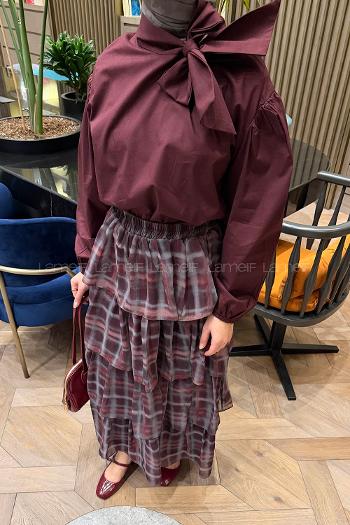 Lamelif Fular Detaylı Şifon Etekli Takım Mürdüm