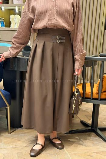 Lamelif Kemer Detaylı Yırtmaçlı Etek Acı Kahve