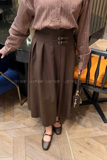 Lamelif Kemer Detaylı Yırtmaçlı Etek Acı Kahve