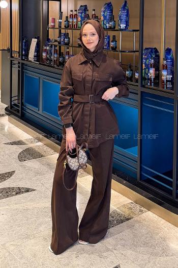 Lamelif Kemerli Denim Takım Kahverengi