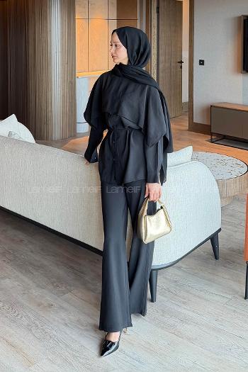 Lamelif Modal Pelerinli Takım Siyah