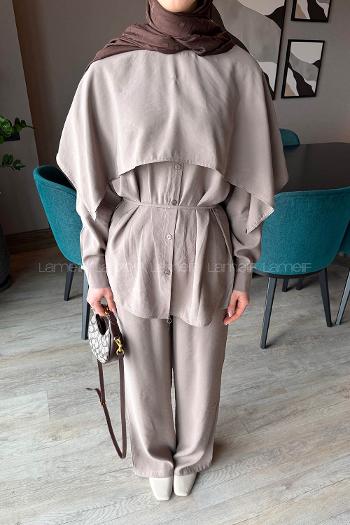 Lamelif Modal Pelerinli Takım Vizonrengi