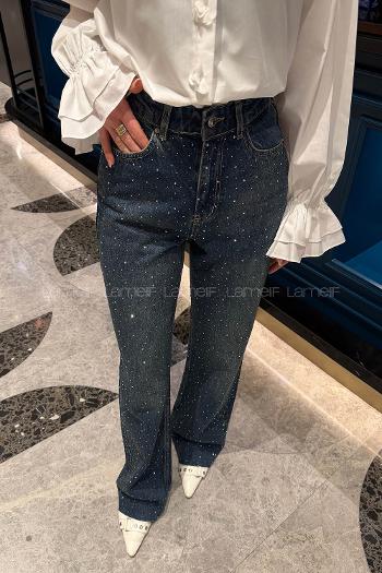 Lamelif Palazzo Taş Detaylı Jean Koyu Mavi Yeşil Tintli