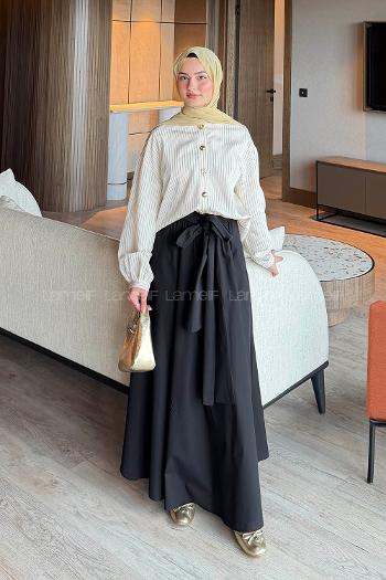 Black Crew Neck Long Arm Poplin Fabric Flared Skirt Suit