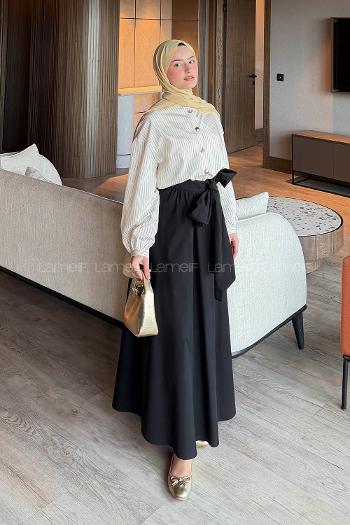 Black Crew Neck Long Arm Poplin Fabric Flared Skirt Suit