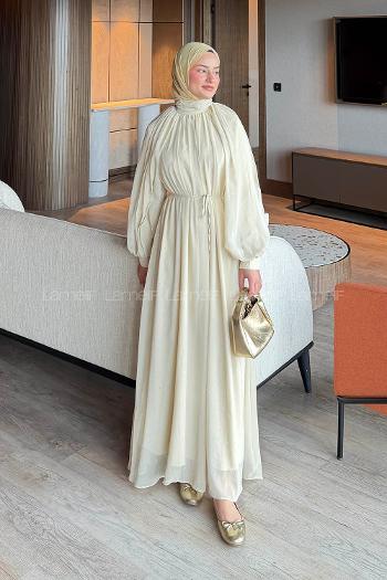 Lamelif Şifon Tesettür Elbise Bej