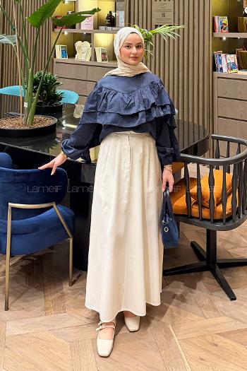 Navy Blue Crew Neck Long Arm Cotton Fabric Blouse