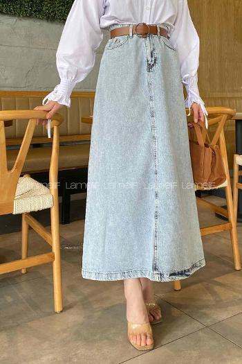 Ice Blue Denim Unprinted Straight Skirt Skirt