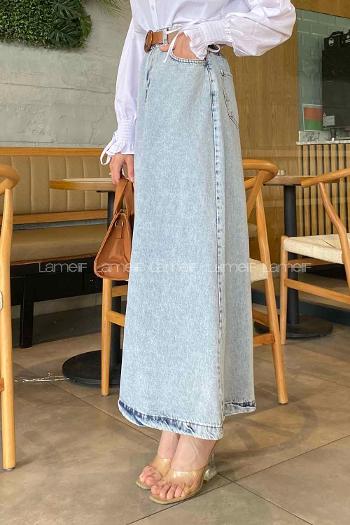 Ice Blue Denim Unprinted Straight Skirt Skirt