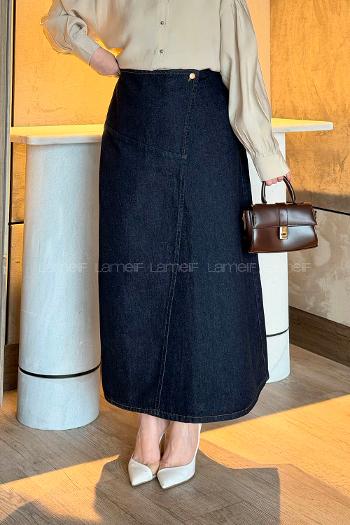 Lamelif Kruvaze Kapama Tesettür Kot Etek Kot  Mavisi