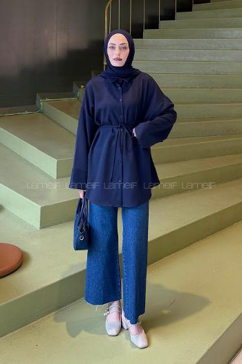 Navy Blue Shirt Collar Cotton Tunic