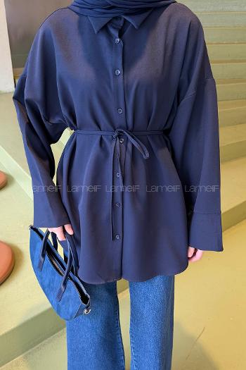 Navy Blue Shirt Collar Cotton Tunic