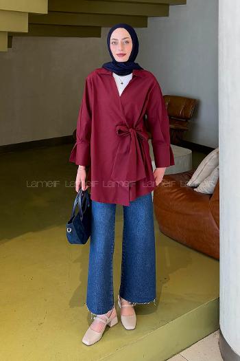 Lamelif Bağlama Detaylı Tesettür Gömlek Bordo