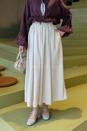 Lamelif Bel Lastikli Cep Detaylı Etek Krem