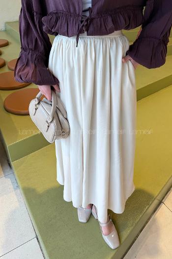 Lamelif Bel Lastikli Cep Detaylı Etek Krem