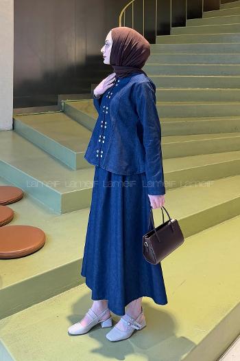 Dark Blue Crew Neck Long Arm Denim Flared Skirt Suit