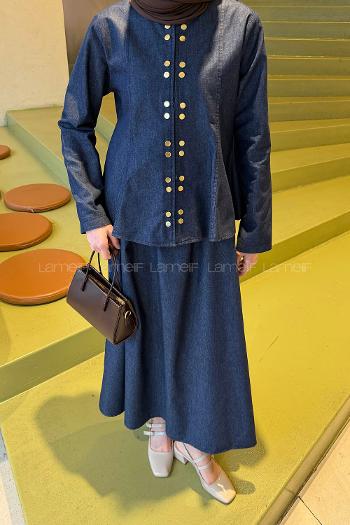 Dark Blue Crew Neck Long Arm Denim Flared Skirt Suit