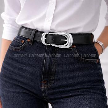 Lamelif Kadın Luna Geniş Oval Gümüş Tokalı Kemer