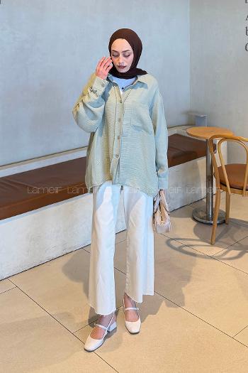 Lamelif Müslin Kumaş Oversize Gömlek Mint Yeşili