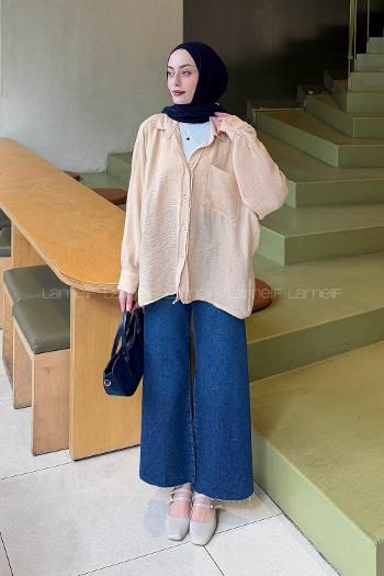 Lamelif Müslin Kumaş Oversize Gömlek Sütlü Kahve