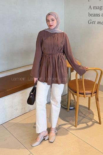 Lamelif Önü Pileli Tunik Kahverengi