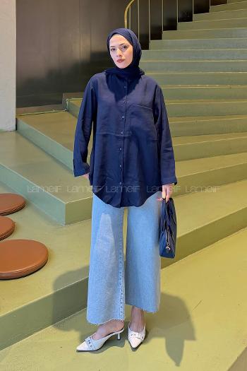 Navy Blue Shirt Collar Long Arm Poplin Fabric Shirt