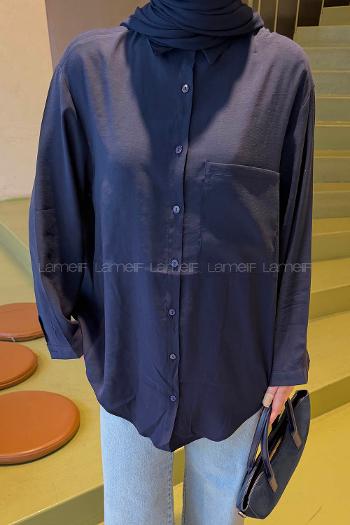 Navy Blue Shirt Collar Long Arm Poplin Fabric Shirt