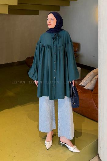 Lamelif Yakası Bağcıklı Tesettür Tunik Zümrüt Yeşili