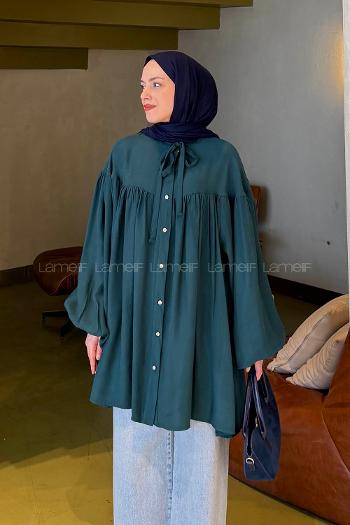 Lamelif Yakası Bağcıklı Tesettür Tunik Zümrüt Yeşili