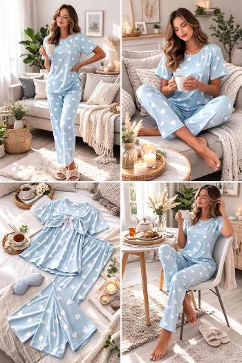 Lamelif Kadın Milan Kumaş Kalp Desenli Pijama Takımı