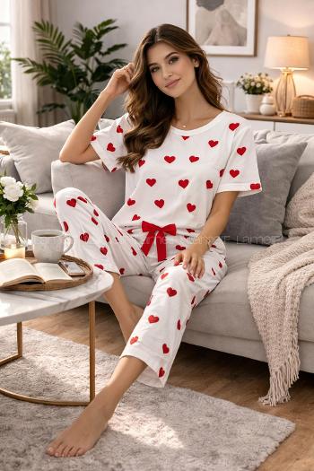 Lamelif Kadın Milan Kumaş Kalp Desenli Pijama Takımı