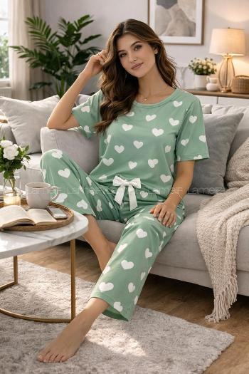 Lamelif Kadın Milan Kumaş  Kalp Desenli Pijama Takımı