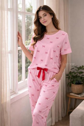 Lamelif Kadın Milan Kumaş Kurdele Desenli Pijama Takımı