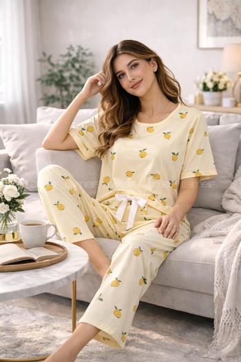 Lamelif Kadın Milan Kumaş  Lemonn Desenli Pijama Takımı