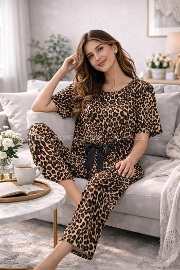 Lamelif Kadın Milan Kumaş  Leoar Desenli Pijama Takımı