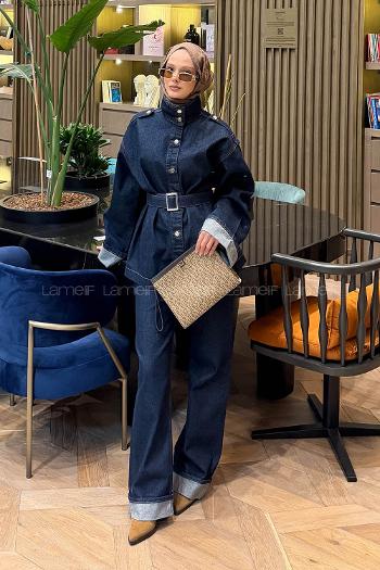 Lamelif Bağlama Detaylı İkili Kot Takım Koyu Mavi