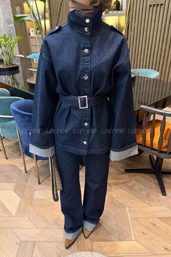 Lamelif Bağlama Detaylı İkili Kot Takım Koyu Mavi