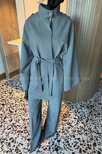 Lamelif Bağlama Detaylı İkili Takım Gri