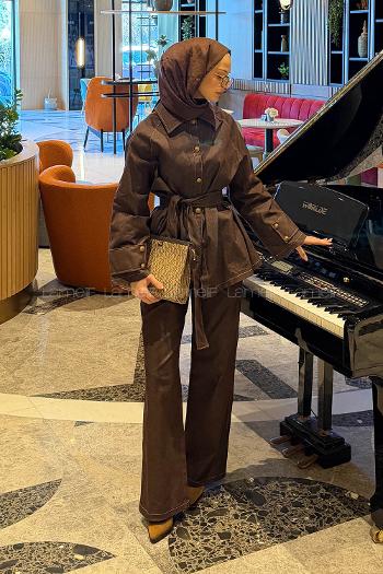 Lamelif Bağlama Detaylı Kot Takım Koyu Kahverengi