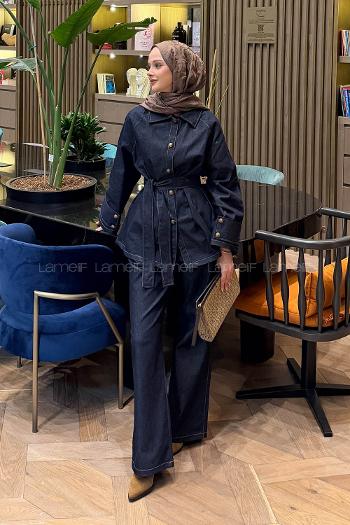 Lamelif Bağlama Detaylı Kot Takım Koyu Mavi