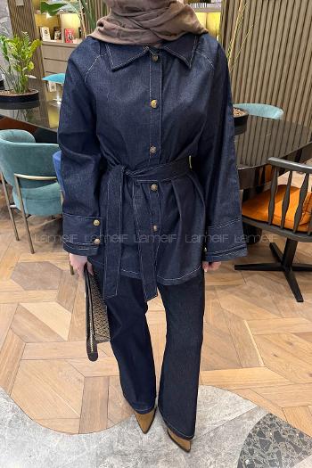 Lamelif Bağlama Detaylı Kot Takım Koyu Mavi