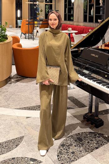 Lamelif Balıkçı Yaka Pileli Takım Haki