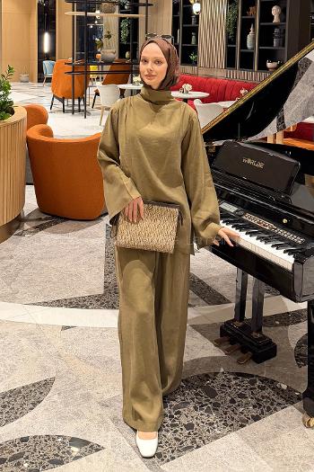 Lamelif Balıkçı Yaka Pileli Takım Haki