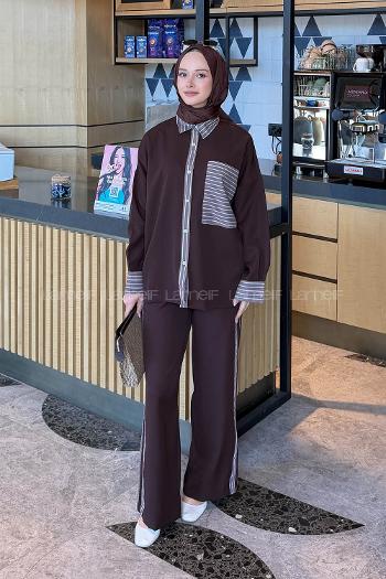 Lamelif Çizgili Pantolonlu Takım Acı Kahve