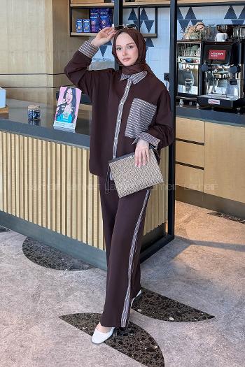 Lamelif Çizgili Pantolonlu Takım Acı Kahve