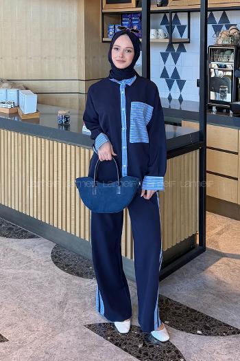 Lamelif Çizgili Pantolonlu Takım Lacivert