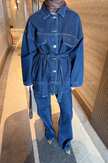 Lamelif Denim Kuşaklı Ceket-Pantolon İkili Takım Kot Mavisi