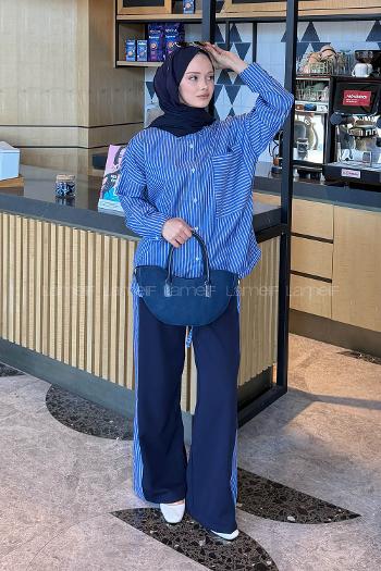 Lamelif Garnili Çizgili Pantolonlu Takım Lacivert